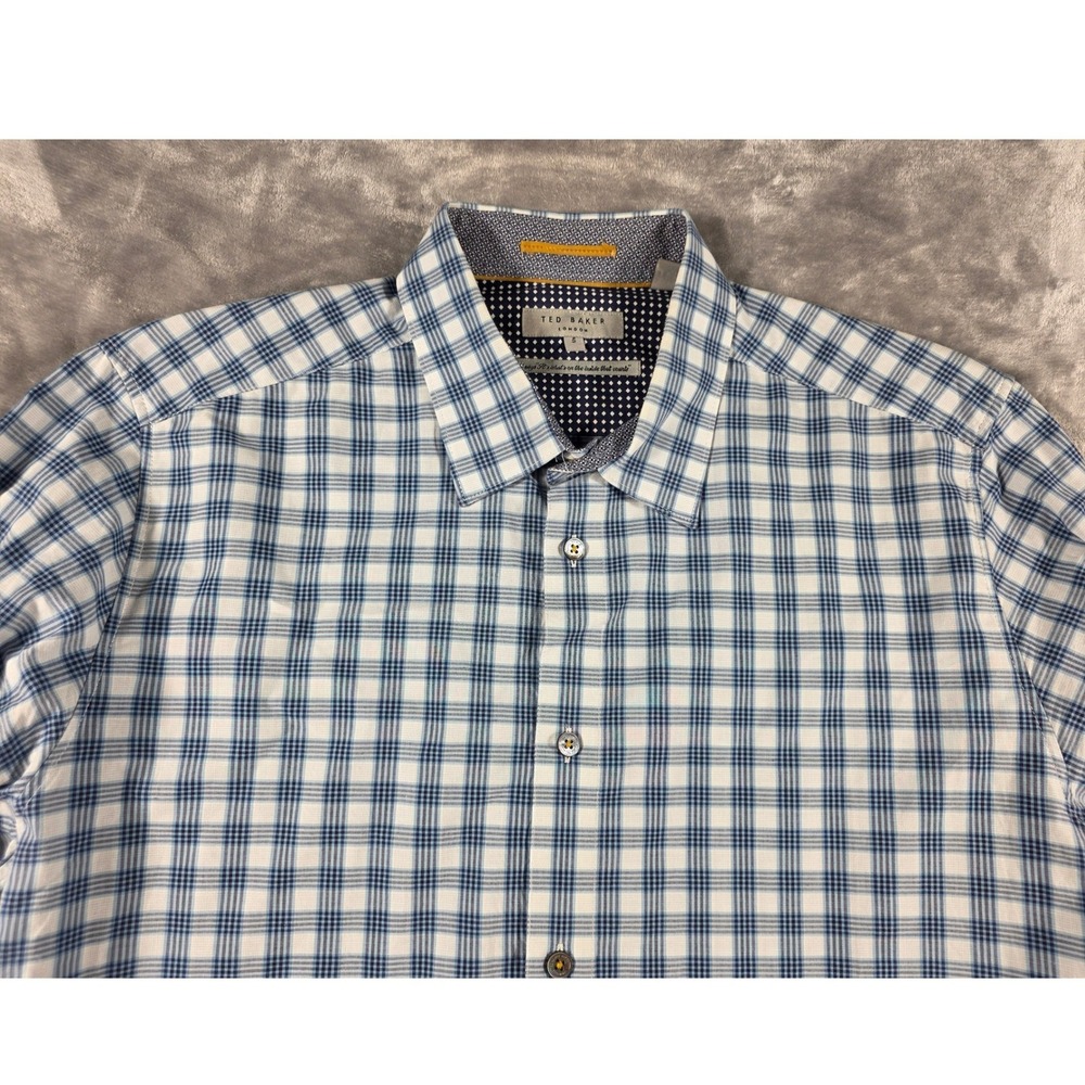 Ted Baker Plaid Button Down Shirt Mens 5 XL Blue White Long Sleeve Cotton